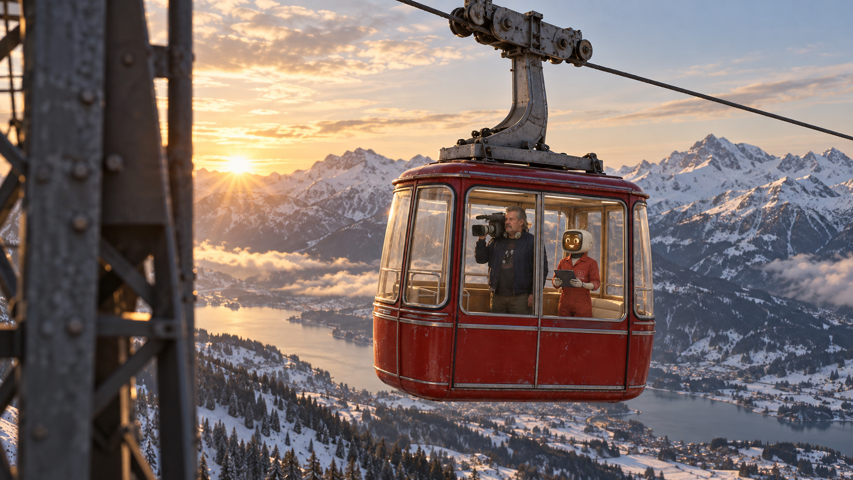 Exterior reference showing the hanging red gondola, cable attachment, cameraman and Machine over an alpine valley