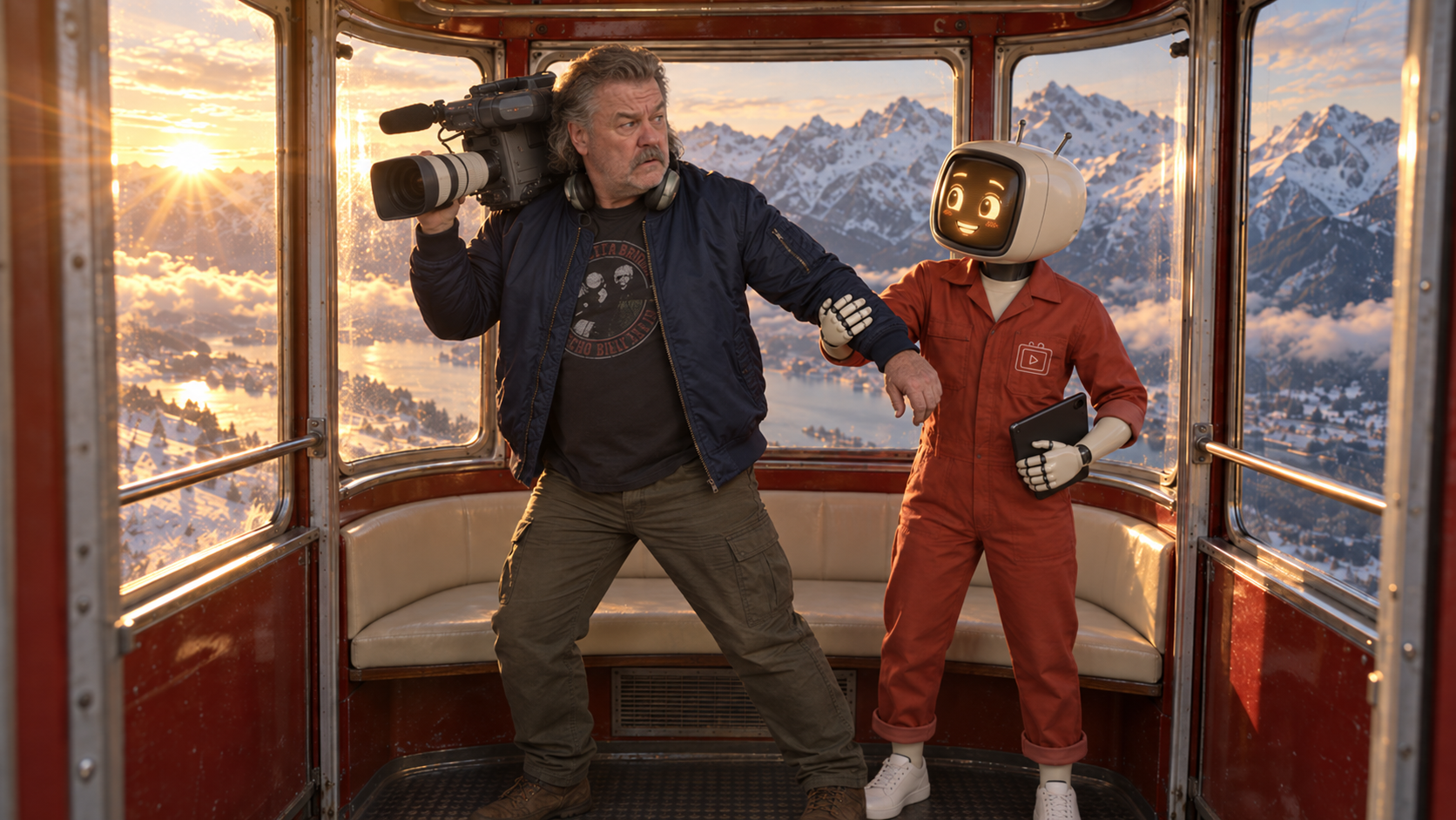 Robot catches the cameraman’s forearm as he braces himself in the gondola