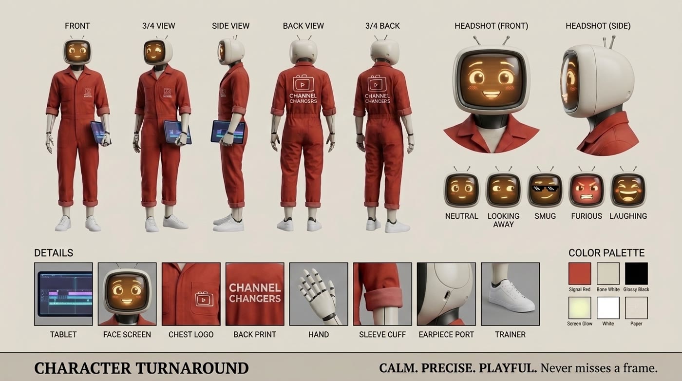 Character turnaround sheet for The Machine, an AI android with a television for a head, in a Channel Changers boiler suit