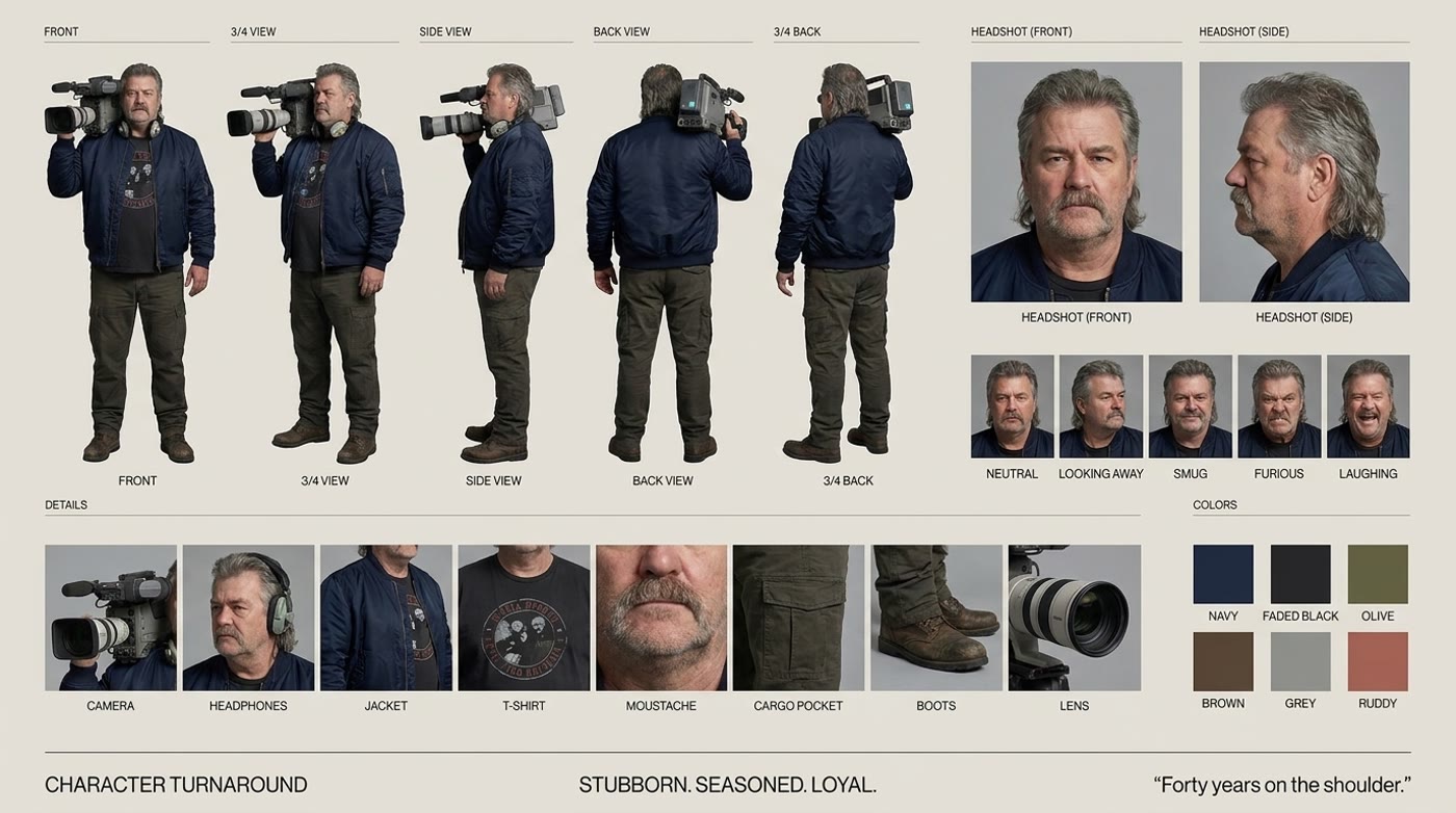Character turnaround sheet for The Old Guard, a veteran broadcast cameraman